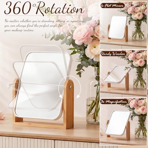 6 Pack Bridesmaid Gifts Double Sided Makeup Mirror, Wedding Favors 1X/3X Magnifying Vanity Mirrors with Bamboo Stand, 360 Degree Swivel Portable Tabletop Mirror for Women Bridal Shower