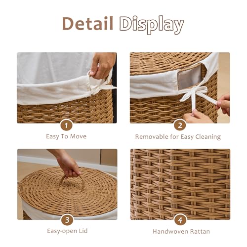 Round Wicker Laundry Hamper with Lid Handwoven Rattan Basket with Handles for Dirty Clothes, 2 Washable Liner Bags, No Assembly Required, Washable Basket, 40L - color: Rattan, size: 40L