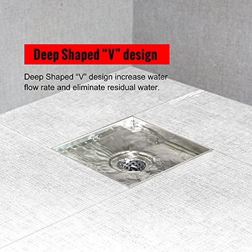 SaniteModar Shower Drain 6 inch Brushed with Flange Tile Insert Panel | AISI 304 Stainless Steel Square Shower Drain Shower Floor Square Drain with Hair Strainer and Lifting Hook