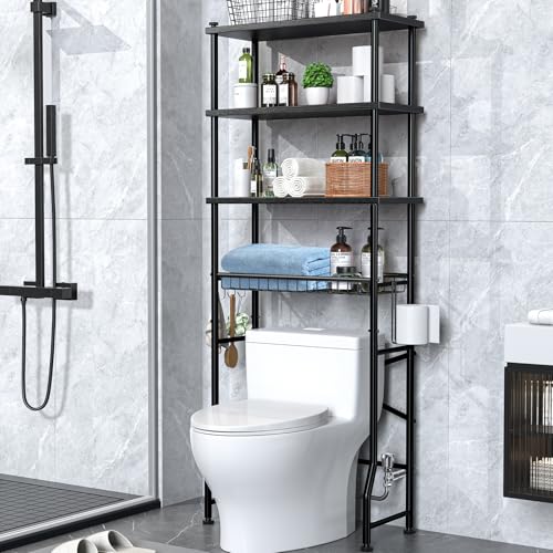 4-Tier Over-The-Toilet Storage Rack, Bathroom Organizer Shelf Over Toilet With Shelf Waterproof Feet Pad And Basket, Multifunctional Space Saver Bathroom Shelves Above Toilet for Room (Black) - color: Black