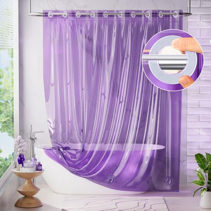 AmazerBath No Hook Shower Curtain and Liner 3-in-1, 8G Luxury Heavy Duty Clear Purple No Hook Shower Curtain Liner, 72x75 Cute EVA Bathroom Weighted Plastic Shower Curtain with 3 Heavyweight Stones - color: Rainbow Lavender