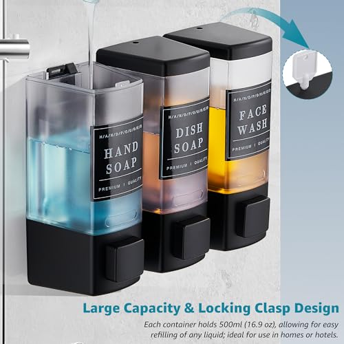 Shampoo and Conditioner Dispenser for Shower, 3 Chamber, Black | Wall Mounted, No Drill, 3×16.9oz, ABS Plastic Material, Refillable With Labels, For Bathroom Hotel - color: Dm35-black