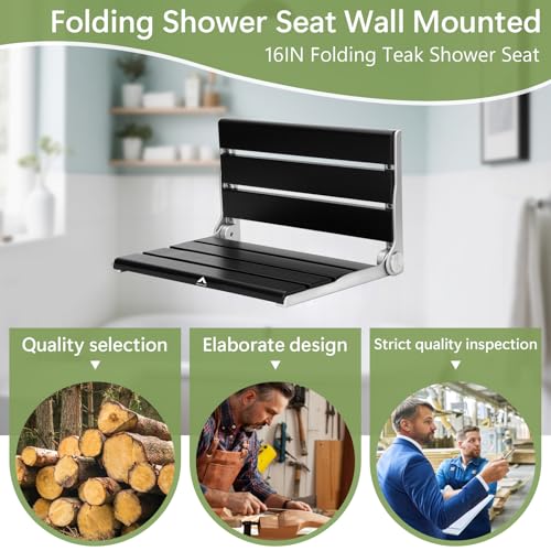 Wall Mounted Shower Seat - 16IN Teak Fold Down Shower Seat for Elderly, Disabled & Pregnant Women - Sturdy Shower Benches for Inside Shower with 400LB Capacity- 2026 Premium Black Shower Bench - color: Black