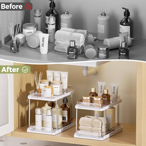 Delamu 2-Tier Bathroom Under Sink Organizers and Storage, Pull Out Cabinet Drawers with Anti-Slip Design, Multi-Purpose Storage for Kitchen, Pantry, Bathroom & Home Organization, White, 4 Pack