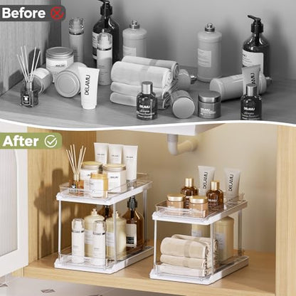 Delamu 2-Tier Bathroom Under Sink Organizers and Storage, Pull Out Cabinet Drawers with Anti-Slip Design, Multi-Purpose Storage for Kitchen, Pantry, Bathroom & Home Organization, White, 4 Pack