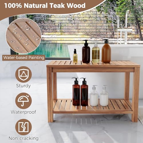 Giantex Teak Shower Bench with Shelf, 30 Inch Shower Stool with Slatted Seat for Elderly Seniors, Waterproof Bathroom Spa Bathing Seat Foot Rest Entryway Bench for Indoor and Outdoor Use - size: 30" x 12.5" x 18"