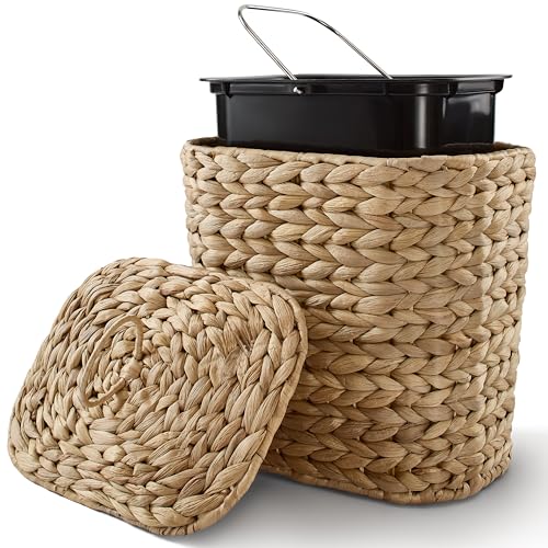 Tidita 1.5 Gallon Wicker Wastebasket with Lid, Woven from Water Hyacinth | Hyacinth Construction, Woven Design, Removable Plastic Liner Included, Removable Lid, Iron Frame, Odor Proof, Versatile Use - color: Natural, size: 1.5 Gallons