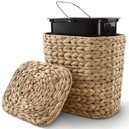 Tidita 1.5 Gallon Wicker Wastebasket with Lid, Woven from Water Hyacinth | Hyacinth Construction, Woven Design, Removable Plastic Liner Included, Removable Lid, Iron Frame, Odor Proof, Versatile Use - color: Natural, size: 1.5 Gallons