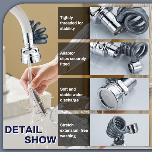 Sink Faucet Sprayer Attachment, 3 Water Outlet Modes, Silver | Faucet Extender Aerator, Stretchable Hose, Kitchen Water Saving Sink Sprayer Head, For Wash Hand Hair Face