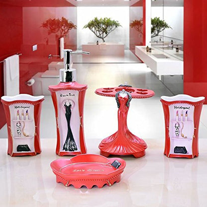 5 Piece Bathroom Accessories Set, Collection Bath Set Features Soap Dispenser, Toothbrush Holder, Tumbler, & Soap Dish (RED) - size: 5PCS-RED