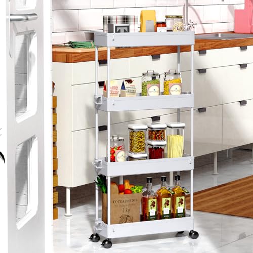 SPACEKEEPER Slim Rolling Storage Cart 4 Tier Bathroom Organizer Mobile Shelving Unit Storage Rolling Utility Cart Tower Rack for Kitchen Bathroom Laundry Narrow Places, Gray | Narrow Rolling Cart with Wheels for Kitchen Office Bathroom Laundry Room,Mobile