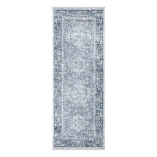 Bloom Rugs Caria Washable Non-Slip 7 ft Runner - Navy Blue Traditional Runner for Entryway, Hallway, Bathroom, and Kitchen - Exact Size: 2'6" x 7' - color: Navy Blue, size: 2'6" x 7' (Runner)