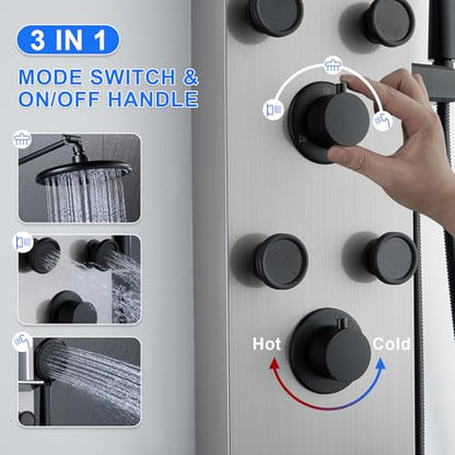 POPFLY Shower Panel Tower System with 8-inch Rainfall Shower and Shelf | Adjustable Shower Arm Height Rainfall Head, 6 Body Jets and 5-Setting Handheld Shower, Brushed Nickel, Stainless Steel - color: 6 Jets with Shelf-Brushed