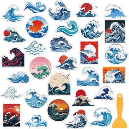 Fullhawl 30 Pcs Ocean Wave Non Slip Bathtub Stickers with Scraper | Ocean Wave, Textured PEVA, Anti Slip Shower Floor Decals, Bath Treads, Tubs, Showers and Smooth Tile Floors - style: Wave