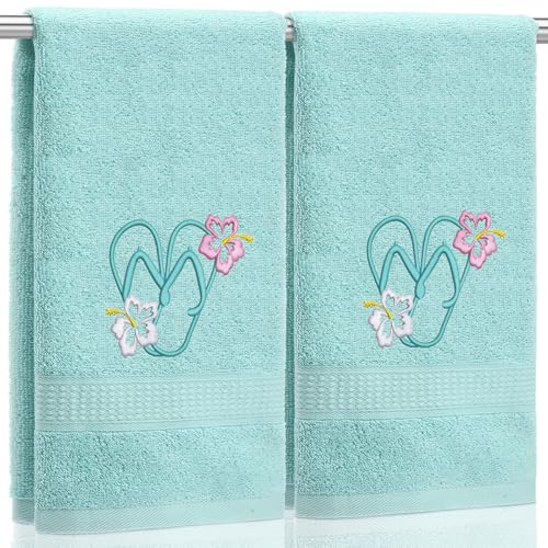 SmoothNovelty 2 Pcs Hand Towels Bathroom Decor 14x29 Inch Embroidered 100% Cotton Soft Absorbent Spring Summer Decorative Hand Towels for Bathroom Kitchen(Flip Flops,Mint Green) - style: Flip Flops