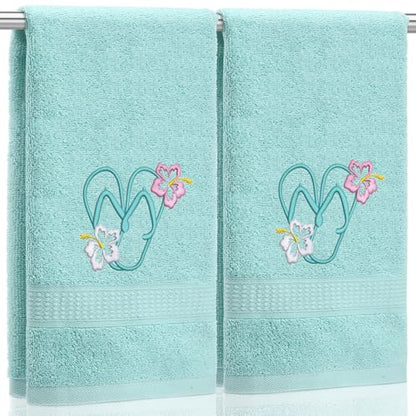 SmoothNovelty 2 Pcs Hand Towels Bathroom Decor 14x29 Inch Embroidered 100% Cotton Soft Absorbent Spring Summer Decorative Hand Towels for Bathroom Kitchen(Flip Flops,Mint Green) - style: Flip Flops