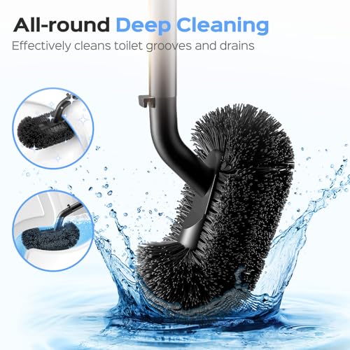HAMITOR Toilet Plunger and Brush Set: 2 in 1 Stainless Steel Combo with Curved Bristles - Heavy Duty Toilet Unclogging for Family Bathroom - Compact Hideaway Apartment Cleaning Accessories - Black - color: Black