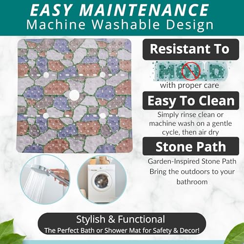 ENKOSI Square Shower Mat 27x27 inch - Anti Slip Shower Stall Floor Mat - Non Slip Shower Mats with Strong Secure Suction Cups and Drain Holes in Middle (27x27 Stone Path) - color: Stone Path