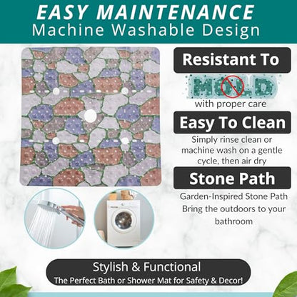 ENKOSI Square Shower Mat 27x27 inch - Anti Slip Shower Stall Floor Mat - Non Slip Shower Mats with Strong Secure Suction Cups and Drain Holes in Middle (27x27 Stone Path) - color: Stone Path