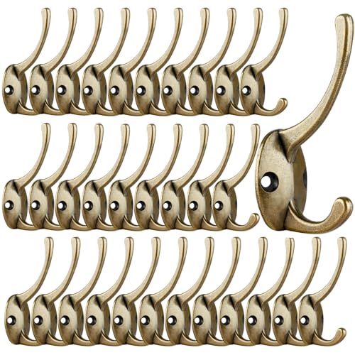 IBosins 32 Pack Antique Brass Double Coat Hooks Wall Mounted with 64 Screws | Retro Double Hooks Utility Hooks for Coat, Scarf, Bag, Towel, Key, Cap, Cup, Hat - color: 32 Pcs Antique Brass