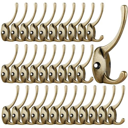 IBosins 32 Pack Antique Brass Double Coat Hooks Wall Mounted with 64 Screws | Retro Double Hooks Utility Hooks for Coat, Scarf, Bag, Towel, Key, Cap, Cup, Hat - color: 32 Pcs Antique Brass