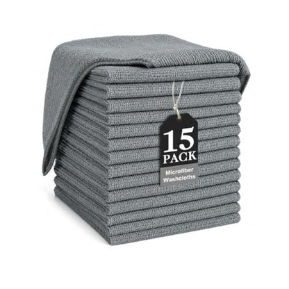TEAWOO Grey Washcloths 15 Pack, Highly Absorbent & Quick Drying | Face Towels, Soft Bath Towels, Multi-Purpose Microfiber Wash Cloths for Bathroom, Hotel, Spa, Gym and Kitchen, 12x12 inches - size: 15Pack Grey