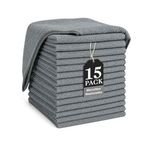 TEAWOO Grey Washcloths 15 Pack, Highly Absorbent & Quick Drying | Face Towels, Soft Bath Towels, Multi-Purpose Microfiber Wash Cloths for Bathroom, Hotel, Spa, Gym and Kitchen, 12x12 inches - size: 15Pack Grey