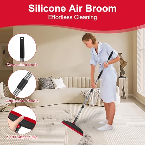 Broom and Dustpan Combo Set, 51" Long Handle with Silicone Squeegee | Wet & Dry Cleaning for Pet Areas, Built-in Comb Dustpan, Foldable Space-Saving Storage, Multi-Surface Floor Cleaning - color: Red