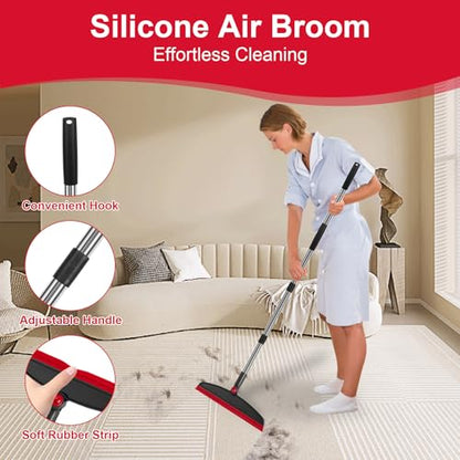 Broom and Dustpan Combo Set, 51" Long Handle with Silicone Squeegee | Wet & Dry Cleaning for Pet Areas, Built-in Comb Dustpan, Foldable Space-Saving Storage, Multi-Surface Floor Cleaning - color: Red