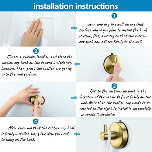 DGYB Suction Cup Hooks - Gold Towel Hooks for Bathrooms - SUS 304 Stainless Steel - 15 Lb Capacity - color: Brushed Gold