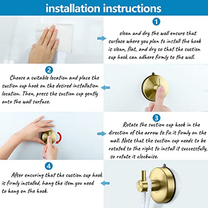 DGYB Suction Cup Hooks - Gold Towel Hooks for Bathrooms - SUS 304 Stainless Steel - 15 Lb Capacity - color: Brushed Gold