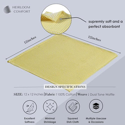Dual Waffle Weave Dish Cloth, 12 Pack, 12x12 Inch, 100% Cotton, Reversible, Super Absorbent, Quick Dry, Soft for Cleaning, Durable Dishcloth Set, Hand Dish Rag, Lemon Yellow - color: Lemon Yellow