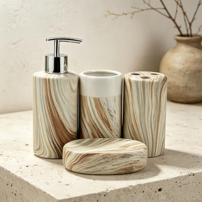 Ceramic Bathroom Accessories Set of 4, Marble Wood Grain Bathroom Vanity Set,Soap Dispenser, Toothbrush Holder, Tumbler & Soap Dish Modern Bathroom Organizer - color: Round Beige