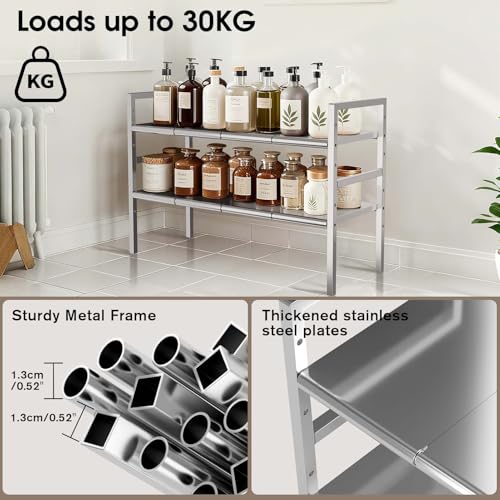 Under Sink Organizers and Storage,Expandable under cabinet organizer Shelf | 2-tier stainless steel heavy-duty expandable rack with 8 panels & adjustable width 18.9"-34.6" for kitchen bathroom shoe rack