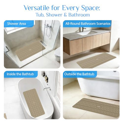 Non Slip Bathtub Mat & Shower Mat, 31x15'' Anti Slip Bath Mat for Tub, Soft TPE Anti-Skid Bathroom Mat with 194 Suction Cups & Drain Holes, Wave-Textured Grip, Machine Washable,Brown