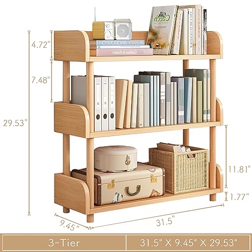 OSCHF 3-Tier Wooden Open Bookcase, Oak | Modern Display Bookshelf with Top Edge, Solid Wood Frame, Home and Office Storage - color: Oak, size: 3-tier