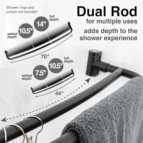 JS Jackson Supplies Double Curved Shower Rod, Metal Construction, Adjustable Between 44 to 70 Inches, Aluminum Rods and Zinc Mounting Hardware, Quality Modern Bathware, Black Finish - color: Black
