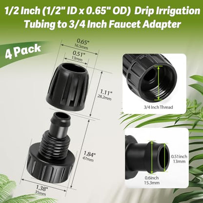 4 Pack 3/4" Garden Hose To 1/2" Irrigation Tubing Adapter, 1/2 Inch Drip Irrigation Tubing To Faucet Garden Hose Adapter 3/4 Inch FHT To 1/2 Inch Supply Line Adapter Fittings - size: 3/4" to 1/2" Tube Adapter-4P