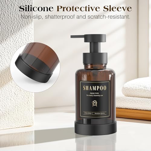 Luxspire Glass Foaming Soap Dispenser 15oz Hand Soap Bottle, Amber, 2 Pack | Anti-drip pump, wide mouth easy refill, non-slip silicone base, 7 waterproof labels, bathroom and kitchen sink use - color: Amber