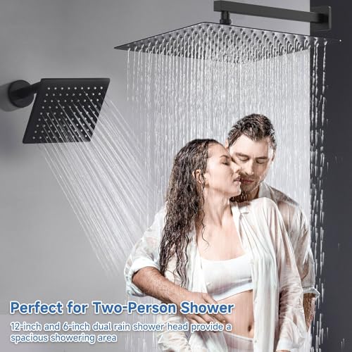 Dual Rainfall Shower Head System Matte Black, 3-Function Push Button Shower Faucet Set with 12" Wall Mount Rain shower head and 6" Wall Mount Shower Head, Pressure Balance Rough-in Valve - color: Matte Black, style: Wall Mount