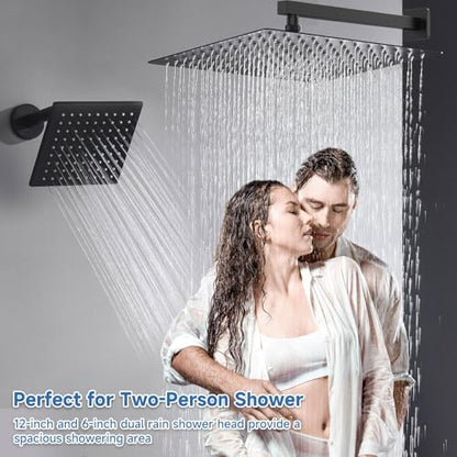 Dual Rainfall Shower Head System Matte Black, 3-Function Push Button Shower Faucet Set with 12" Wall Mount Rain shower head and 6" Wall Mount Shower Head, Pressure Balance Rough-in Valve - color: Matte Black, style: Wall Mount