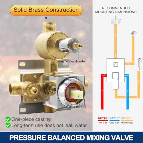Rain Shower Head System with 14x20 Inch Ceiling Mount LED Head & 6 Inch Wall Head and Handheld Shower 3 Way Pressure Balance Valve Kit,Polished Chrome - color: Polished Chrome, style: 14x20 inch+6inch