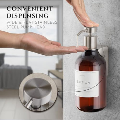 Shower Shampoo Dispenser Wall Mounted – 3 Refillable 16.9 oz Amber Bottles with Stainless Steel Pumps & No-Drill Adhesive Holders – Soap Dispenser Set for Bathroom (3 X Amber/Silver) - color: 3 X Amber/Silver
