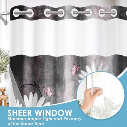 No Hook Shower Curtain with Snap in Liner 71x86 Inch Daisy Grey | Farmhouse Pink Butterfly Modern Double Layers Waterproof Fabric with See Through Top Window Open Grommet Bath Curtain - color: Grey, size: 71"W x 86"L (Pack of 1)