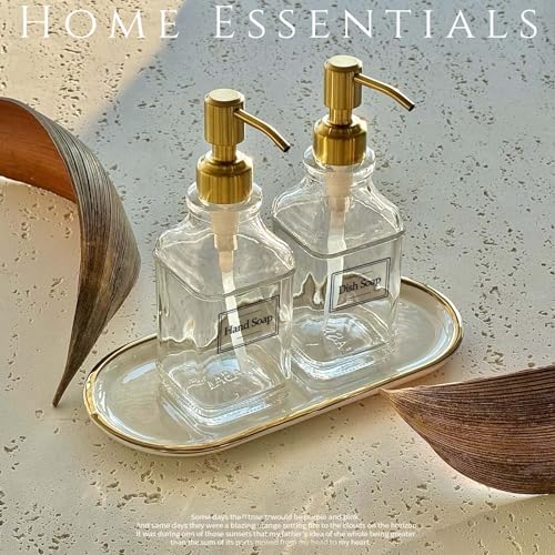 JASAI Antique Square Glass Soap Dispenser with Golden Rust Proof Pump, Refillable soap Dispenser with 10Pcs Stickers for Kitchen, Dish Soap Dispenser for Kitchen Bathroom Soap, Hand soap, Lotion. | Refillable Kitchen Soap Dispenser with Stainless Steel, D