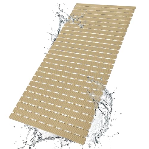 BEMISO Shower Mat Non Slip Bathtub Mat 37.4 x 15.7 Inch Bath Mat for Tub | Suction Cups,Drain Holes,Easy Dry,Easy to Cut,Eco-Friendly - color: Brown, size: 37.4 x 15.7 inches