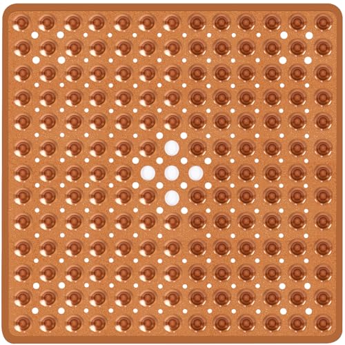 Square Shower Mat Bathtub Bath Mat Non Slip Clear Brown 21"x21" | Shower Mats for Inside Shower Tub, Shower Stall Mats for Bathroom Floor, With Suction Cups Drain Hole Easy Washable, BPA-Free - color: Clear Brown, size: 21" x 21" (Square)