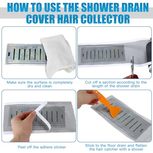 1 Pack 4 Inch x 33 ft Linear Shower Drain Hair Catcher Screen Disposable Adhesive Cutable Mesh Shower Drain Cover Stickers for Linear DIY Floor with Removal Tool for Bathroom Kitchen Bathtub