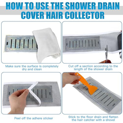 1 Pack 4 Inch x 33 ft Linear Shower Drain Hair Catcher Screen Disposable Adhesive Cutable Mesh Shower Drain Cover Stickers for Linear DIY Floor with Removal Tool for Bathroom Kitchen Bathtub