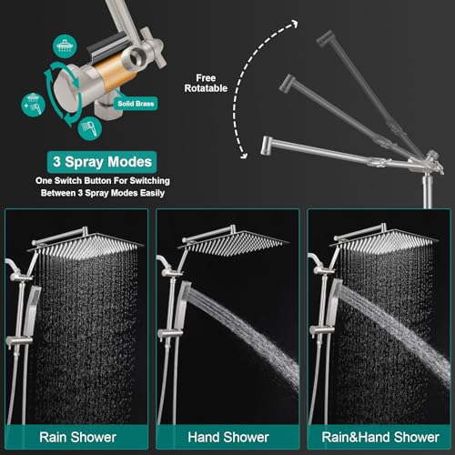 All Metal 10 Inch Rain Shower Head with Handheld Spray Combo, High Pressure Waterfall Rainfall Square Shower Heads with 16" Adjustable Extension Arm, Dual Showerhead with 3-Way Diverter,Brushed Nickel - color: Brushed Nickel, size: 10 Inch